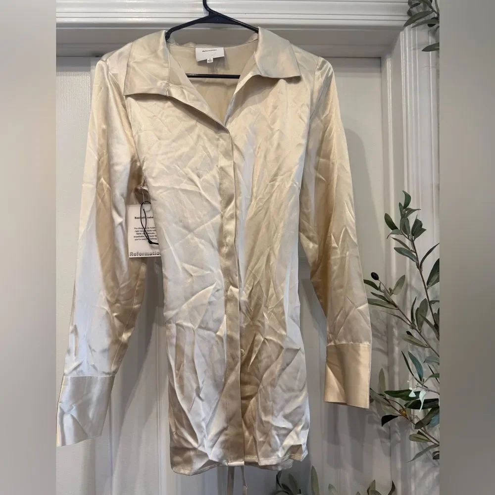 new Reformation Camilla silk belted blouse in almond - Picture 6 of 8